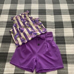 Purple Floral Striped Top and Shorts Set